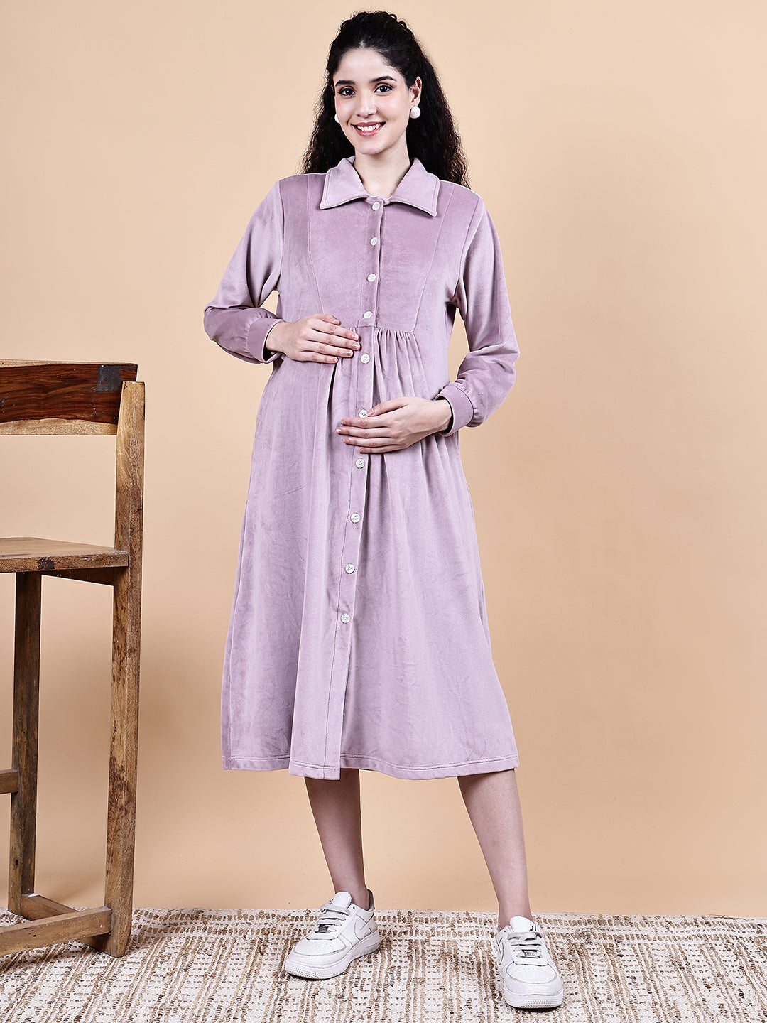 Pink Solid Velvet Winter Maternity Dress Calf Length