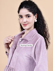 Pink Solid Velvet Winter Maternity Dress Calf Length