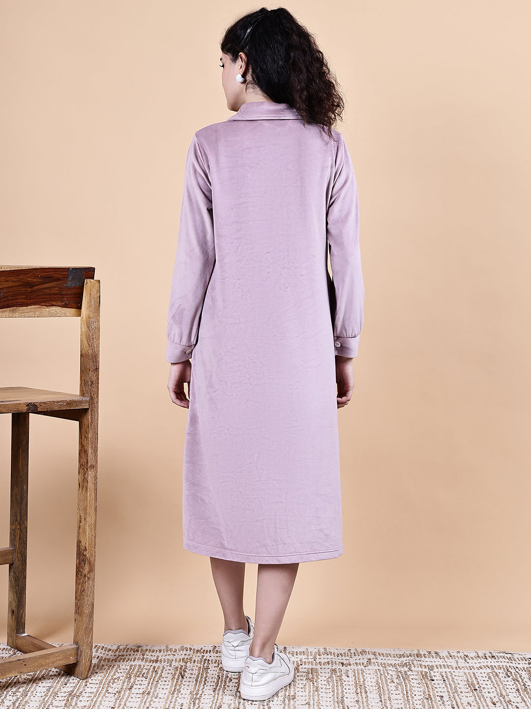 Pink Solid Velvet Winter Maternity Dress Calf Length