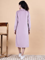 Pink Solid Velvet Winter Maternity Dress Calf Length