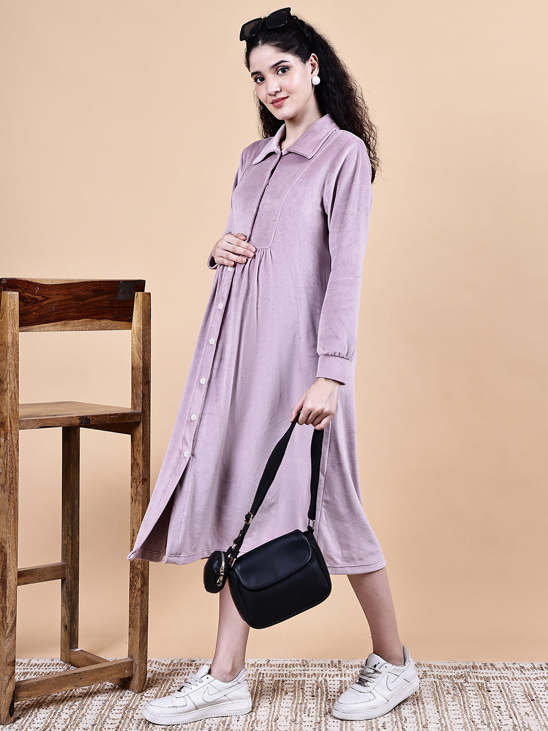 Pink Solid Velvet Winter Maternity Dress Calf Length