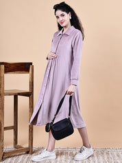 Pink Solid Velvet Winter Maternity Dress Calf Length