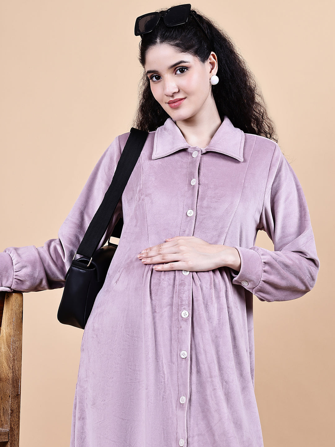 Pink Solid Velvet Winter Maternity Dress Calf Length