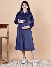 Blue Solid Velvet Winter Maternity Dress Calf Length