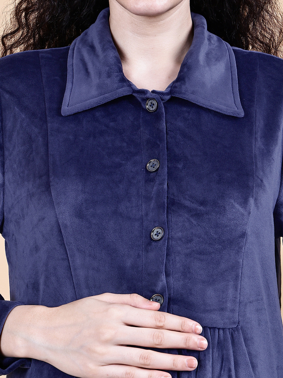 Blue Solid Velvet Winter Maternity Dress Calf Length