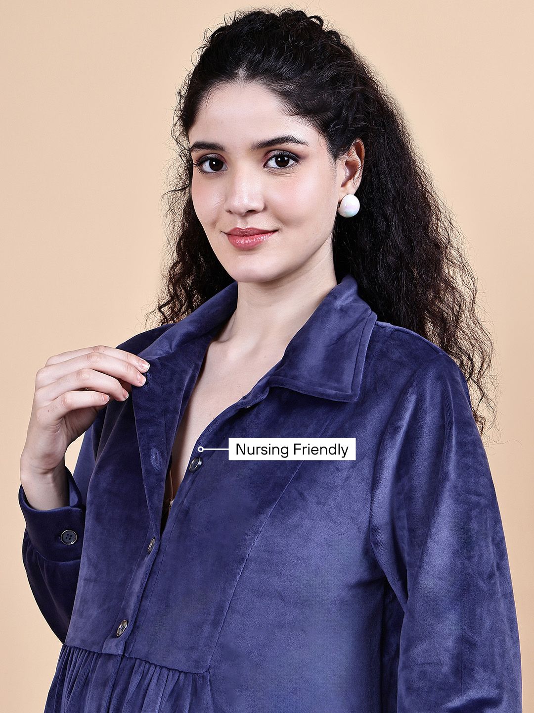 Blue Solid Velvet Winter Maternity Dress Calf Length