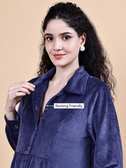 Blue Solid Velvet Winter Maternity Dress Calf Length