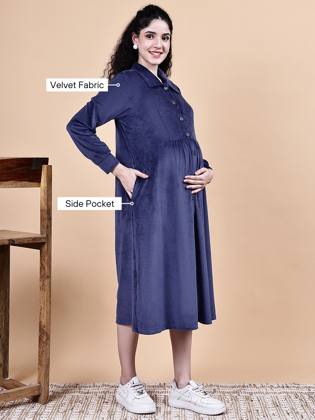 Blue Solid Velvet Winter Maternity Dress Calf Length