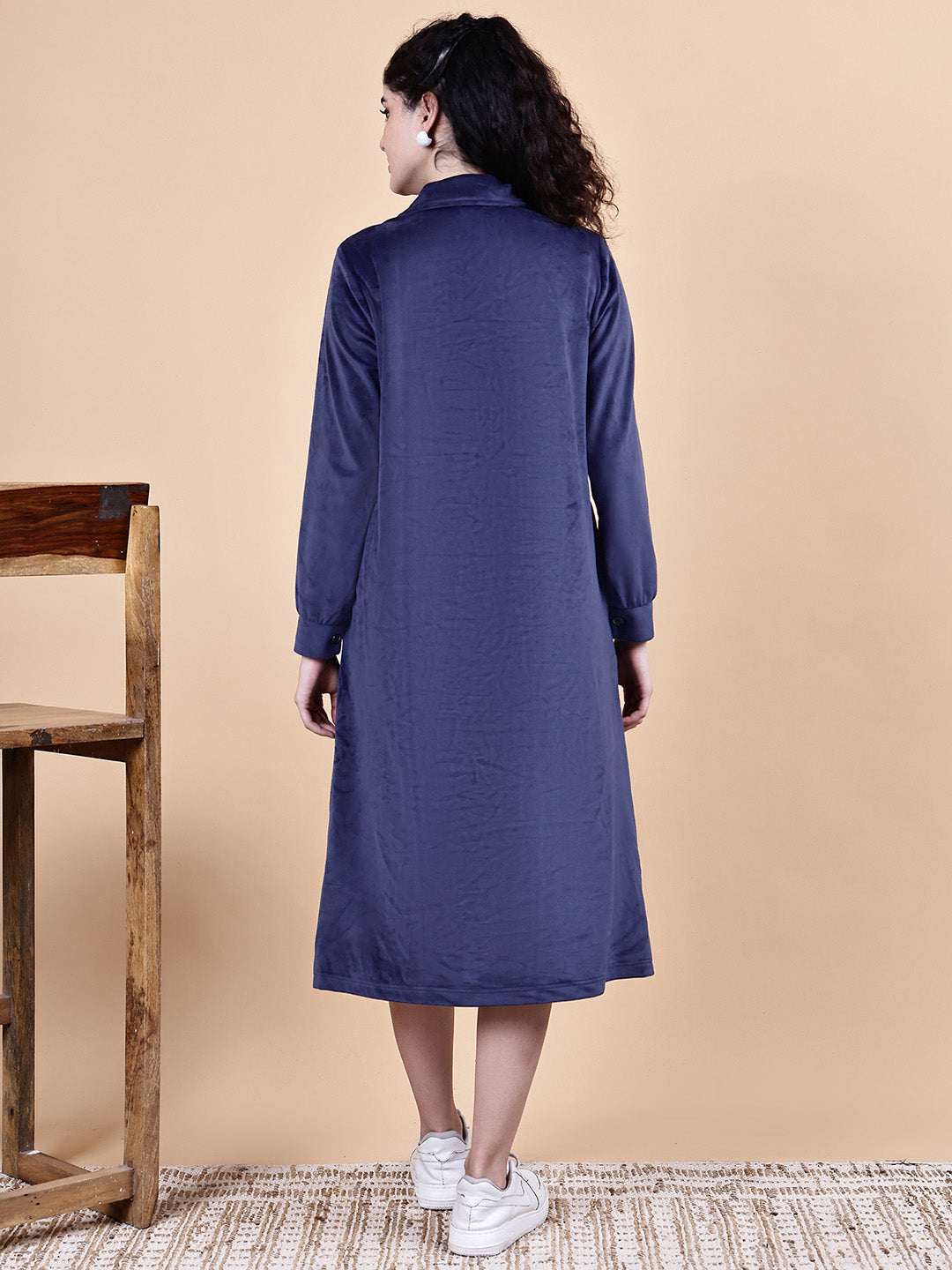Blue Solid Velvet Winter Maternity Dress Calf Length