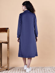 Blue Solid Velvet Winter Maternity Dress Calf Length