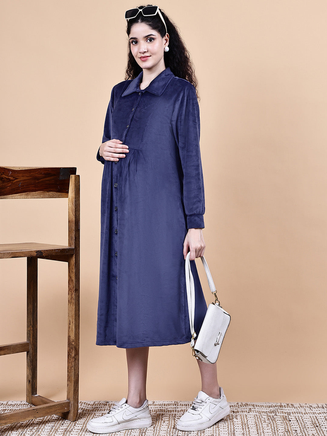Blue Solid Velvet Winter Maternity Dress Calf Length