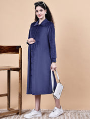 Blue Solid Velvet Winter Maternity Dress Calf Length