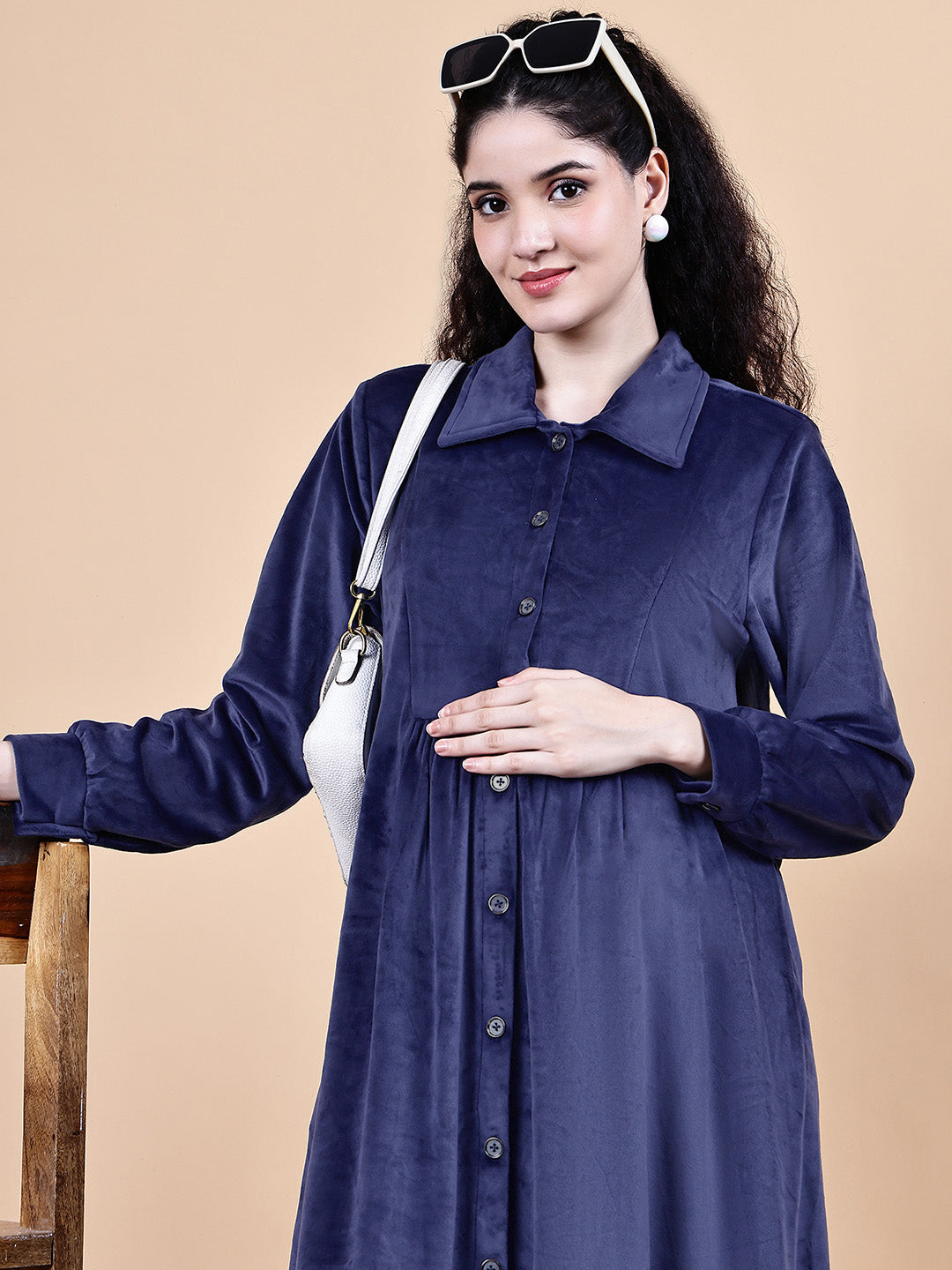 Blue Solid Velvet Winter Maternity Dress Calf Length