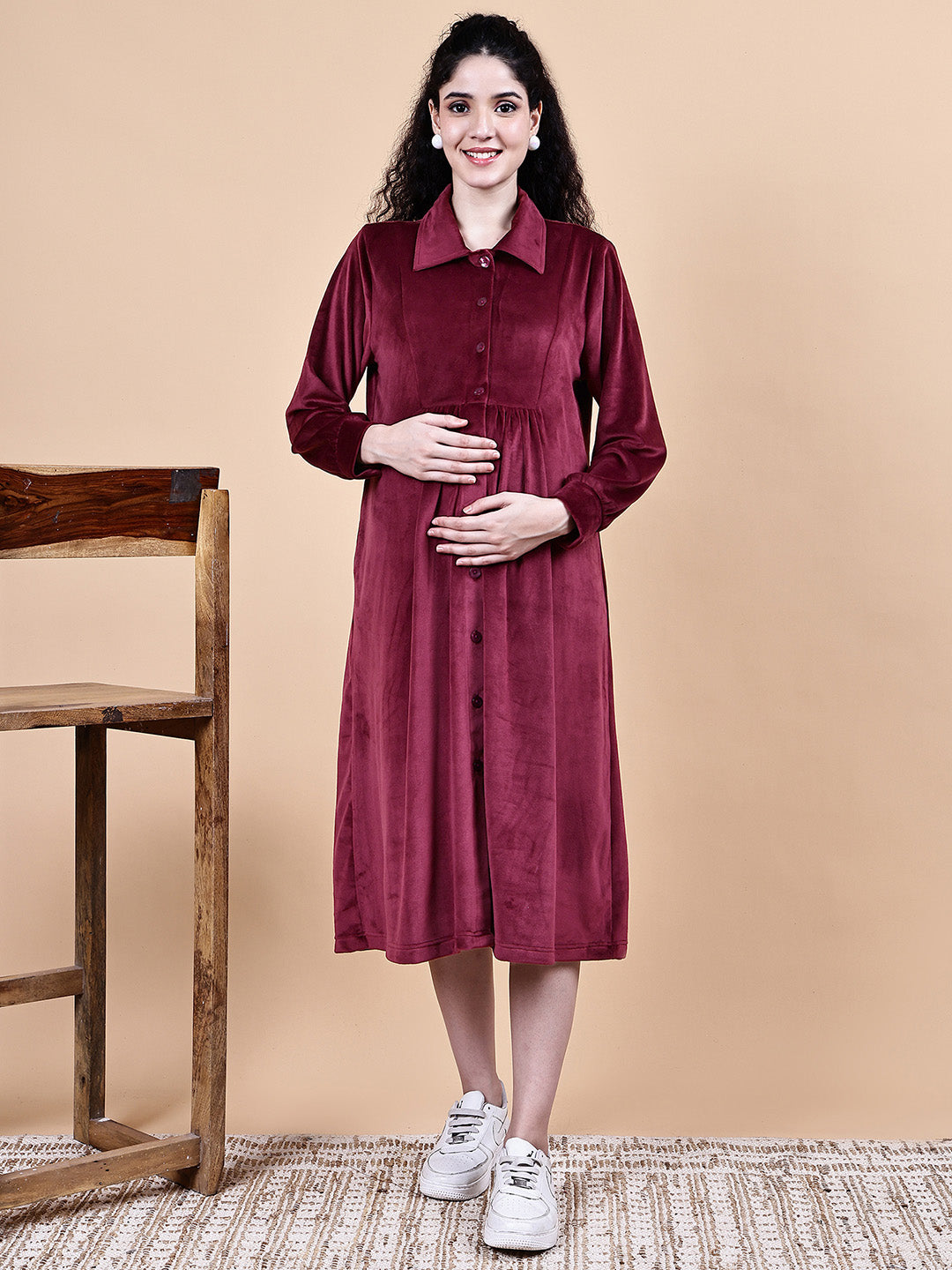 Maroon Solid Velvet Winter Maternity Dress Calf Length