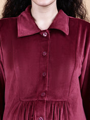 Maroon Solid Velvet Winter Maternity Dress Calf Length
