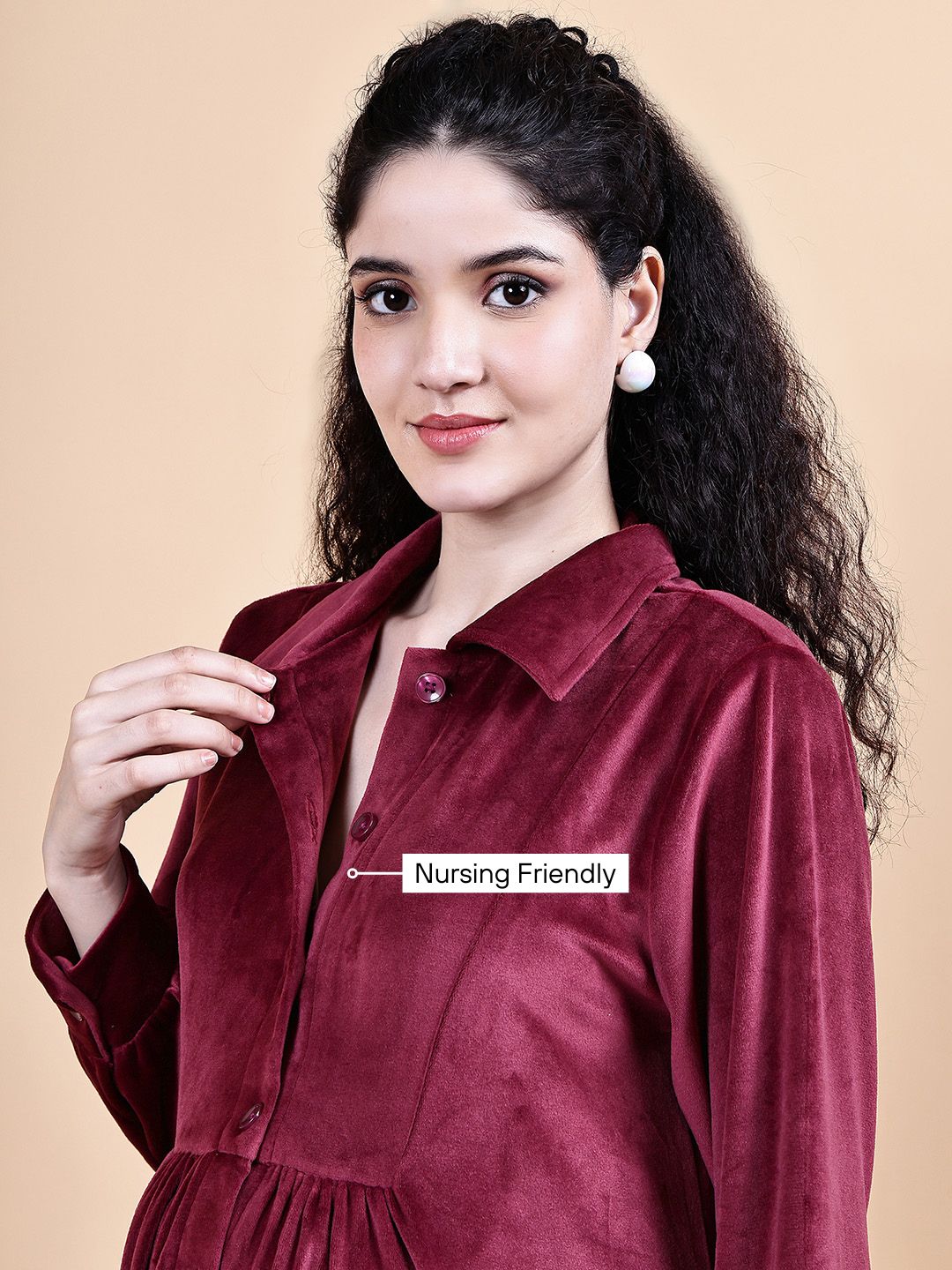 Maroon Solid Velvet Winter Maternity Dress Calf Length