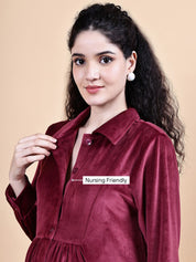 Maroon Solid Velvet Winter Maternity Dress Calf Length