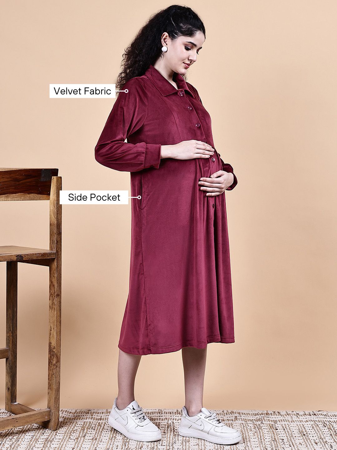 Maroon Solid Velvet Winter Maternity Dress Calf Length