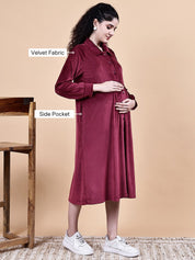 Maroon Solid Velvet Winter Maternity Dress Calf Length