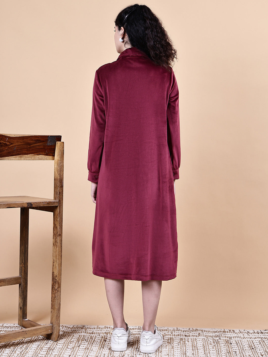 Maroon Solid Velvet Winter Maternity Dress Calf Length