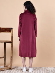 Maroon Solid Velvet Winter Maternity Dress Calf Length