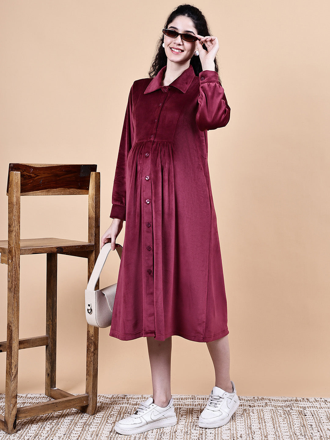 Maroon Solid Velvet Winter Maternity Dress Calf Length