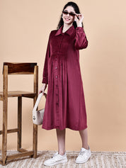 Maroon Solid Velvet Winter Maternity Dress Calf Length