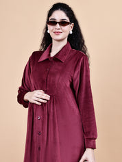 Maroon Solid Velvet Winter Maternity Dress Calf Length