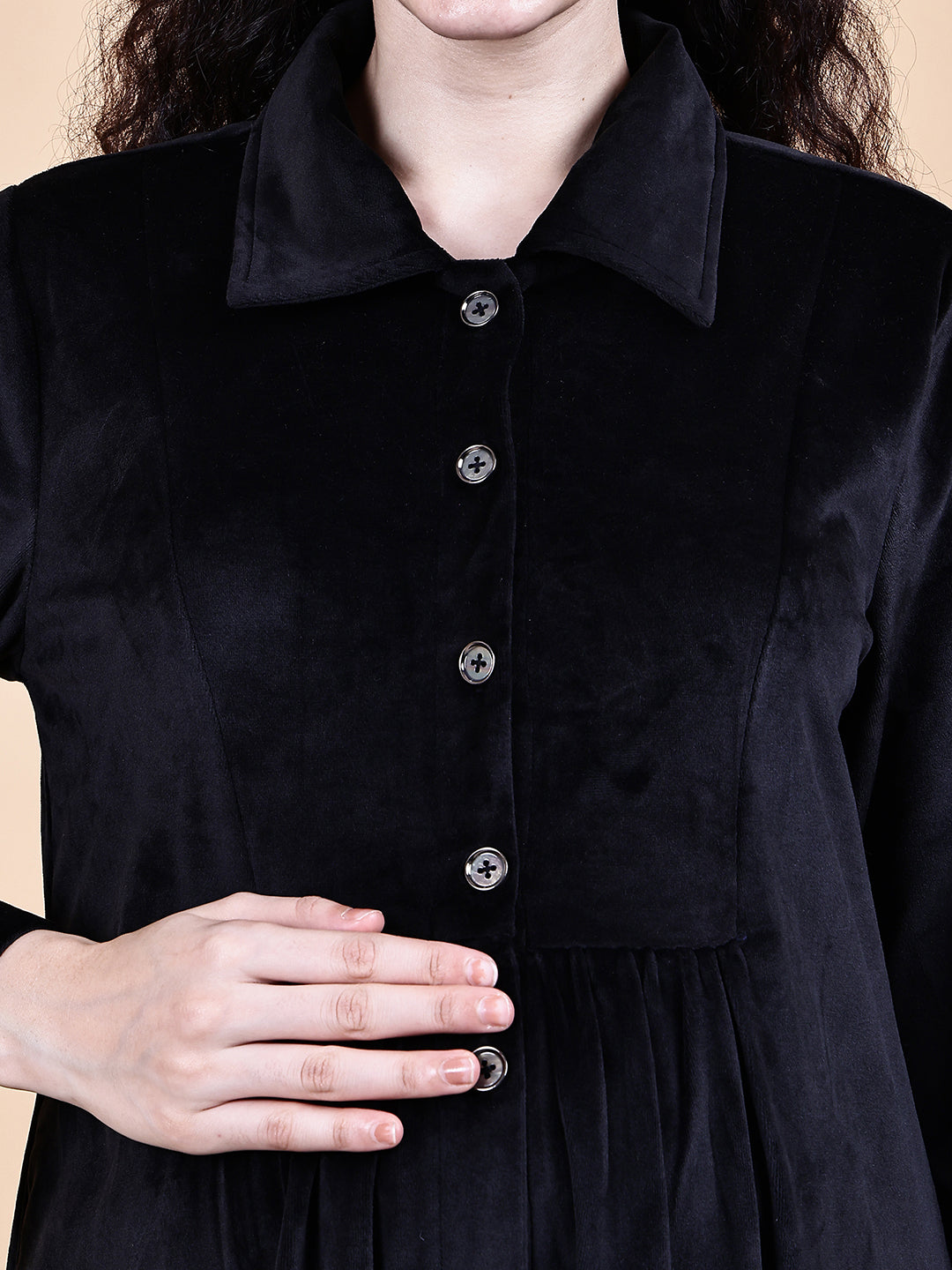 Black Solid Velvet Winter Maternity Dress Calf Length