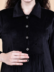 Black Solid Velvet Winter Maternity Dress Calf Length