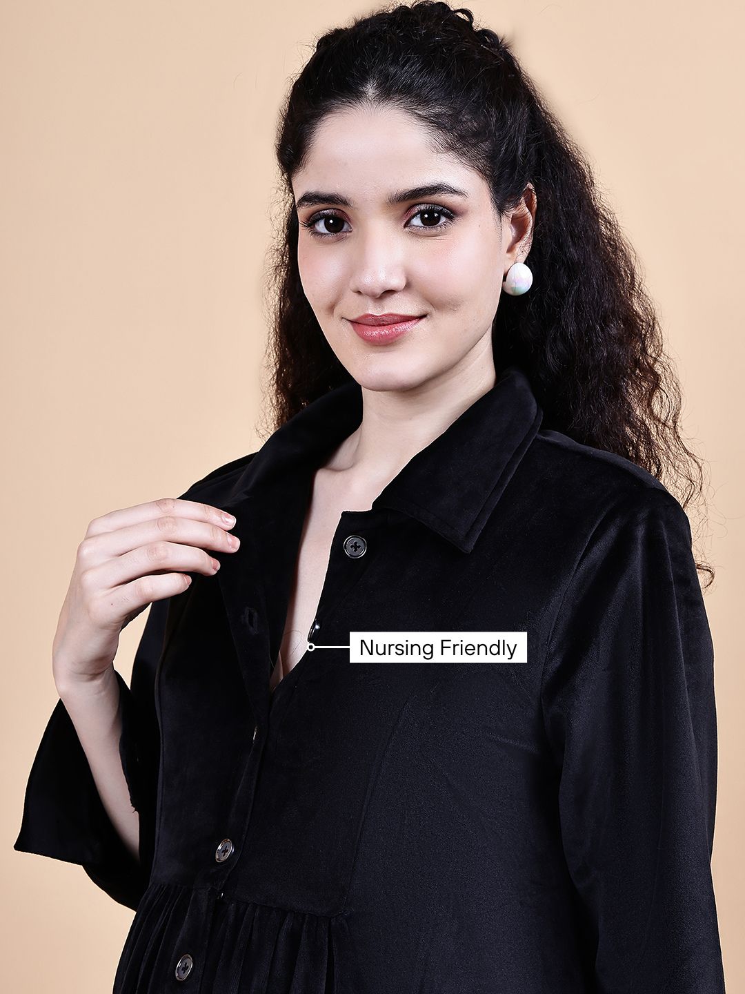 Black Solid Velvet Winter Maternity Dress Calf Length