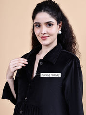 Black Solid Velvet Winter Maternity Dress Calf Length