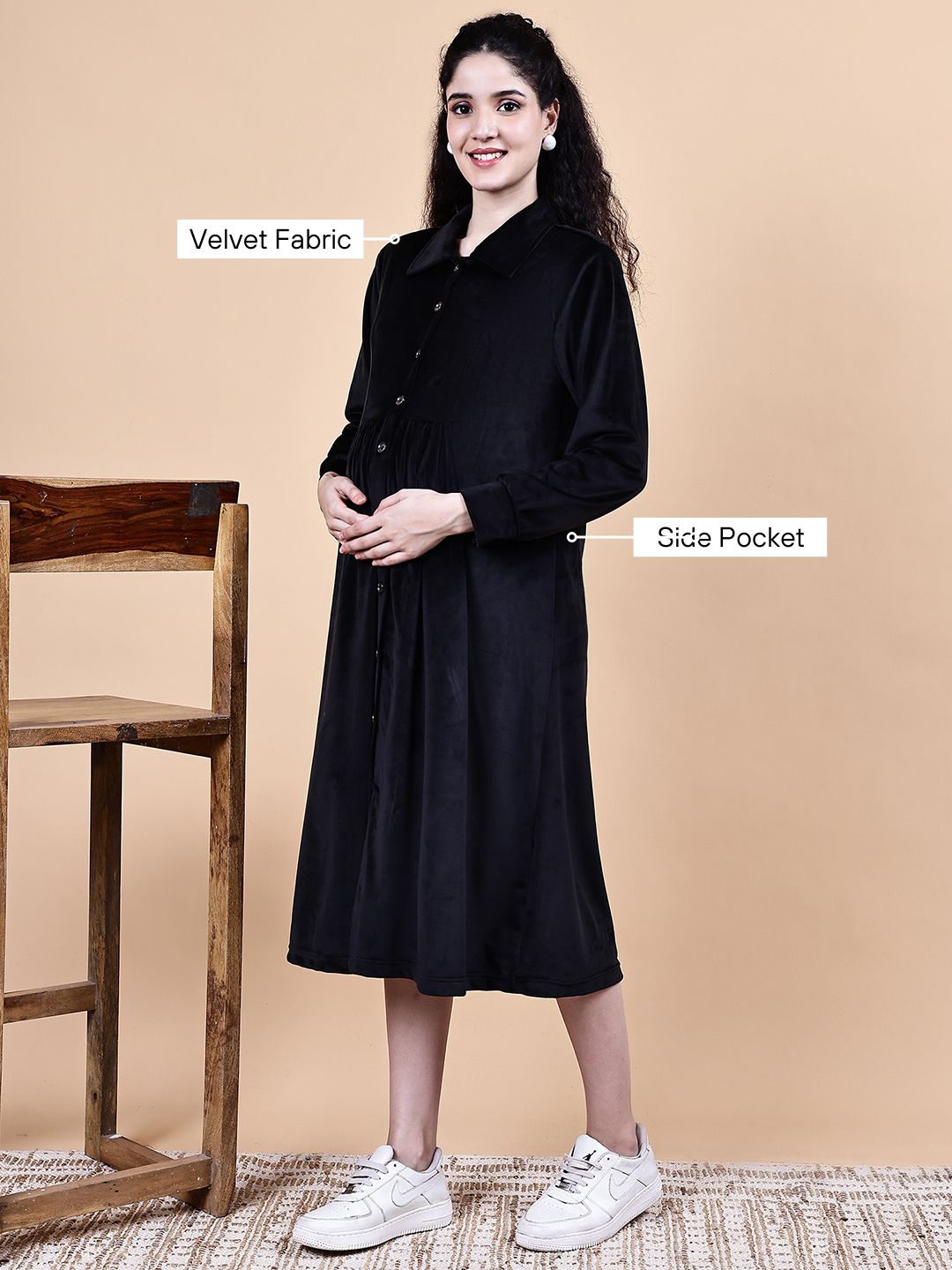Black Solid Velvet Winter Maternity Dress Calf Length
