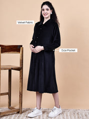 Black Solid Velvet Winter Maternity Dress Calf Length