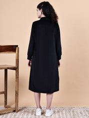 Black Solid Velvet Winter Maternity Dress Calf Length