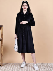 Black Solid Velvet Winter Maternity Dress Calf Length