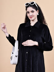 Black Solid Velvet Winter Maternity Dress Calf Length