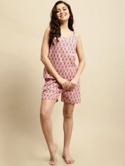 Pink Sanganeri Floral Print 3 Piece Night Suit