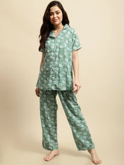 Green & Blue Sanganeri Floral Print Night Suit