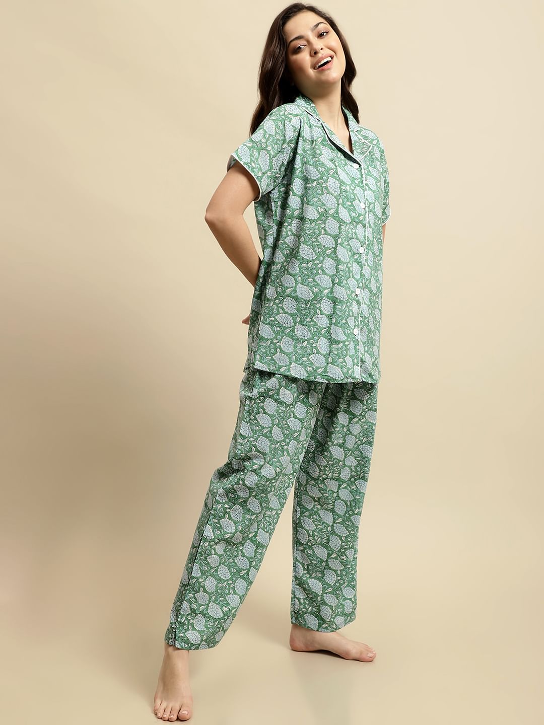 Green & Blue Sanganeri Floral Print Night Suit