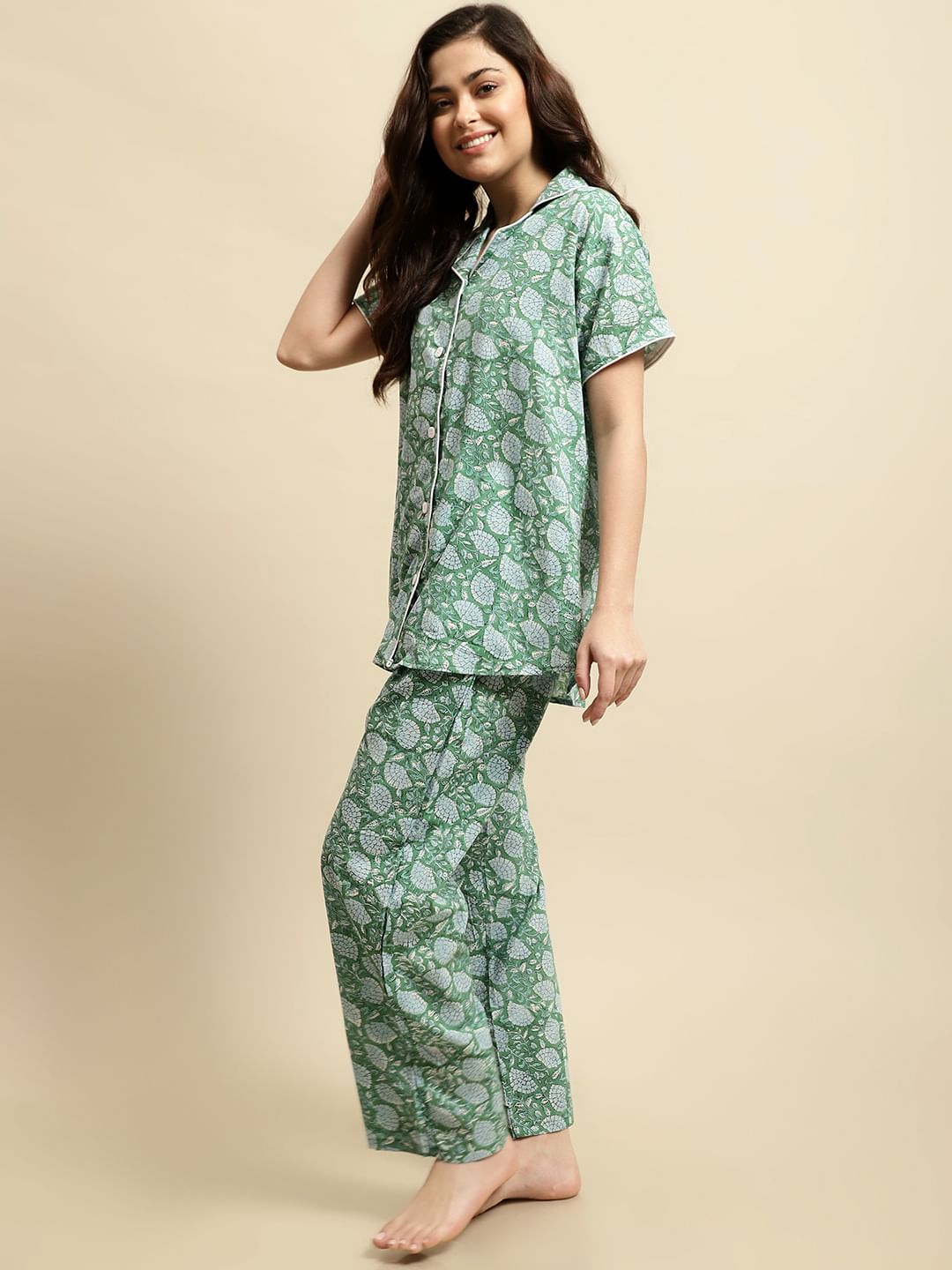 Green & Blue Sanganeri Floral Print Night Suit