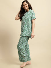 Green & Blue Sanganeri Floral Print Night Suit