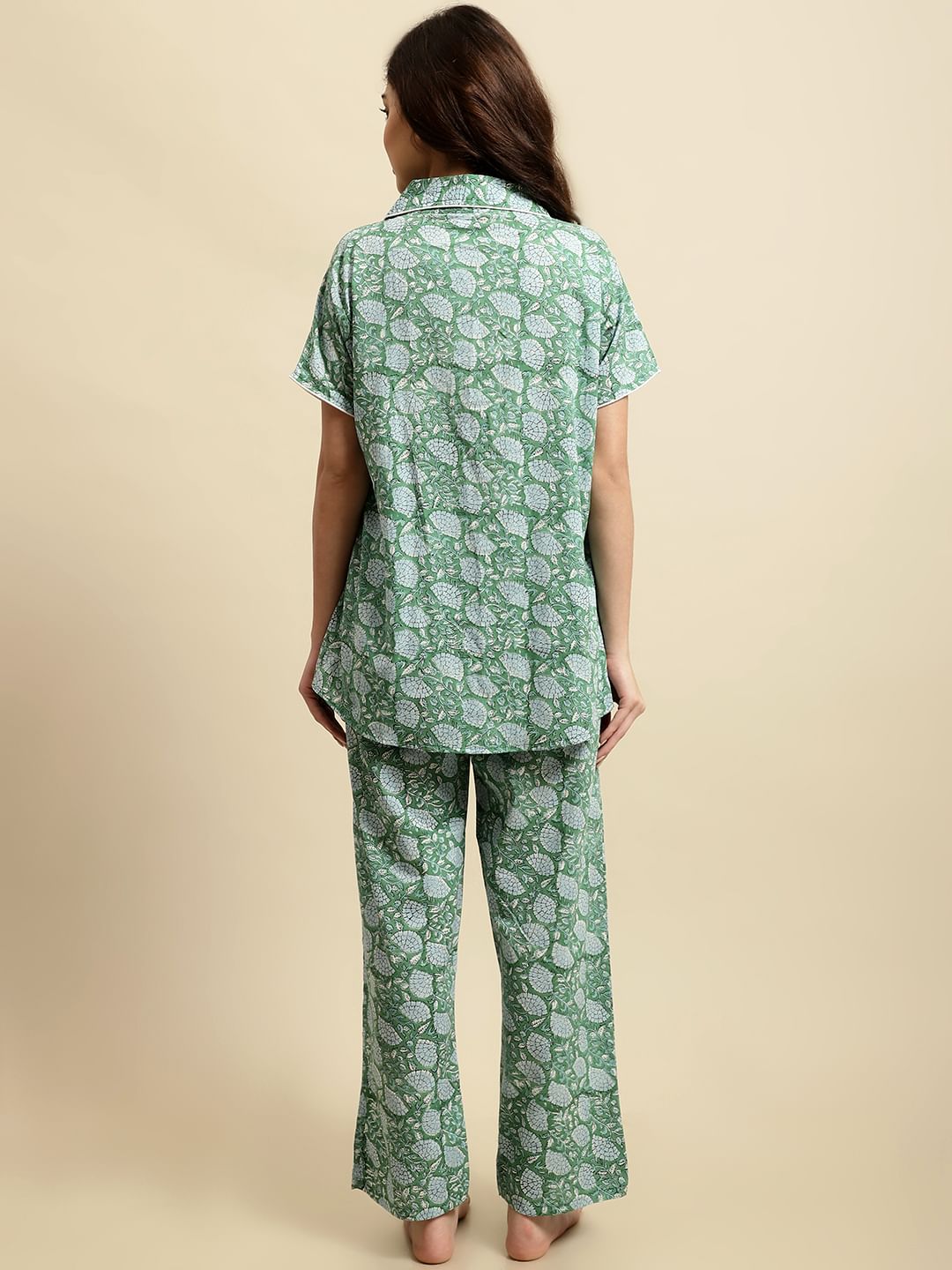 Green & Blue Sanganeri Floral Print Night Suit