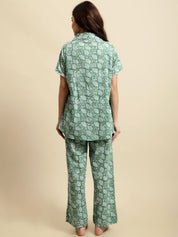 Green & Blue Sanganeri Floral Print Night Suit