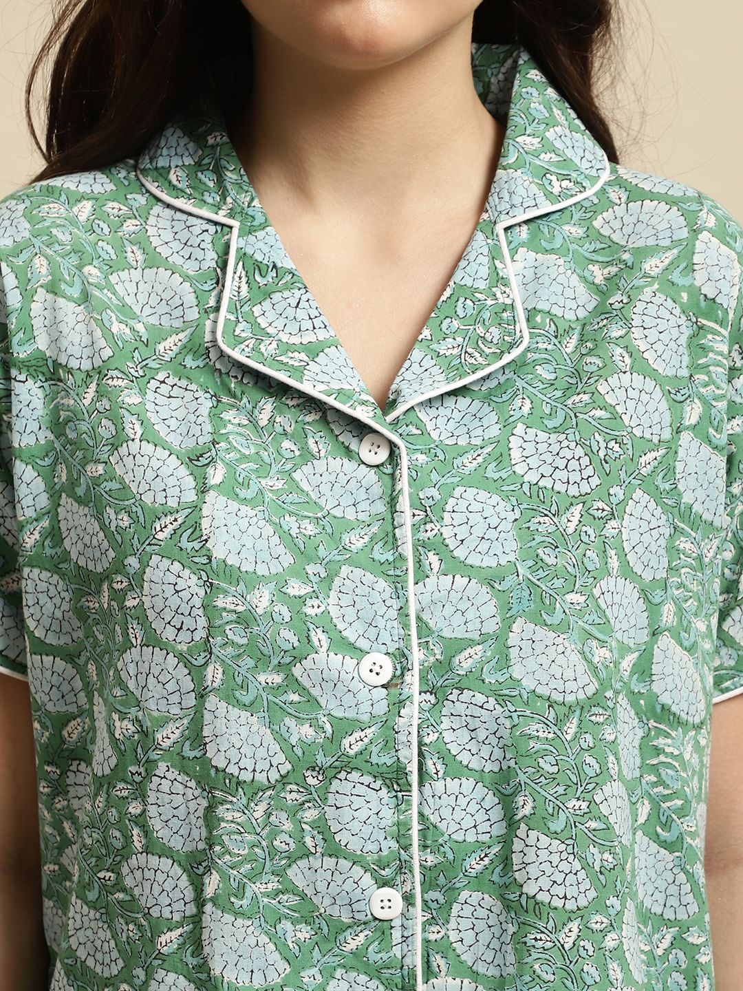 Green & Blue Sanganeri Floral Print Night Suit