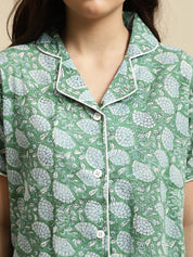 Green & Blue Sanganeri Floral Print Night Suit