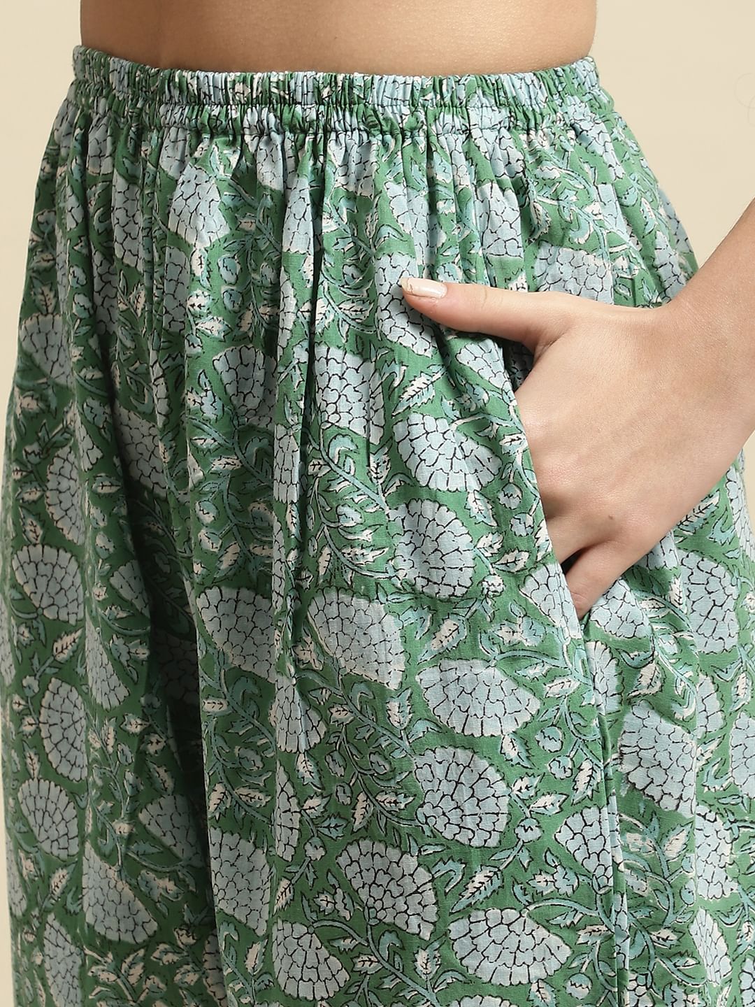 Green & Blue Sanganeri Floral Print Night Suit