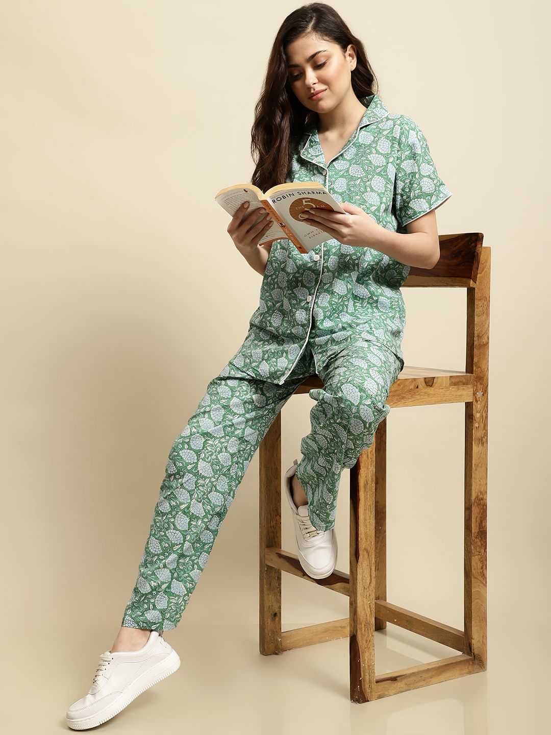 Green & Blue Sanganeri Floral Print Night Suit