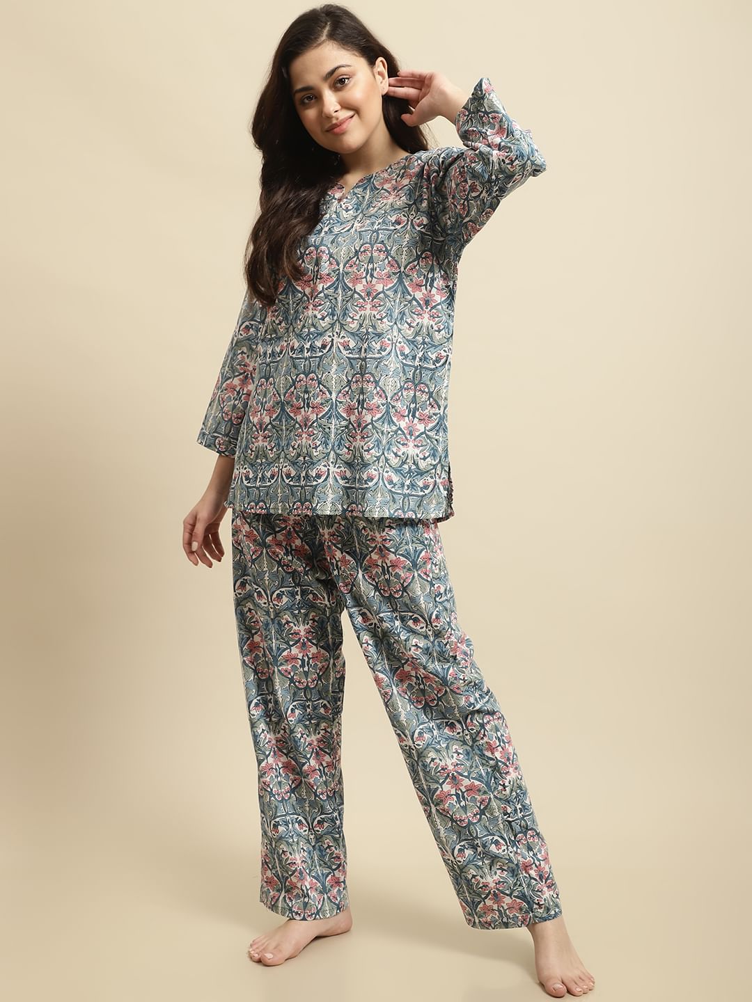 Blue Sanganeri Block Print Co-ord Night Suit