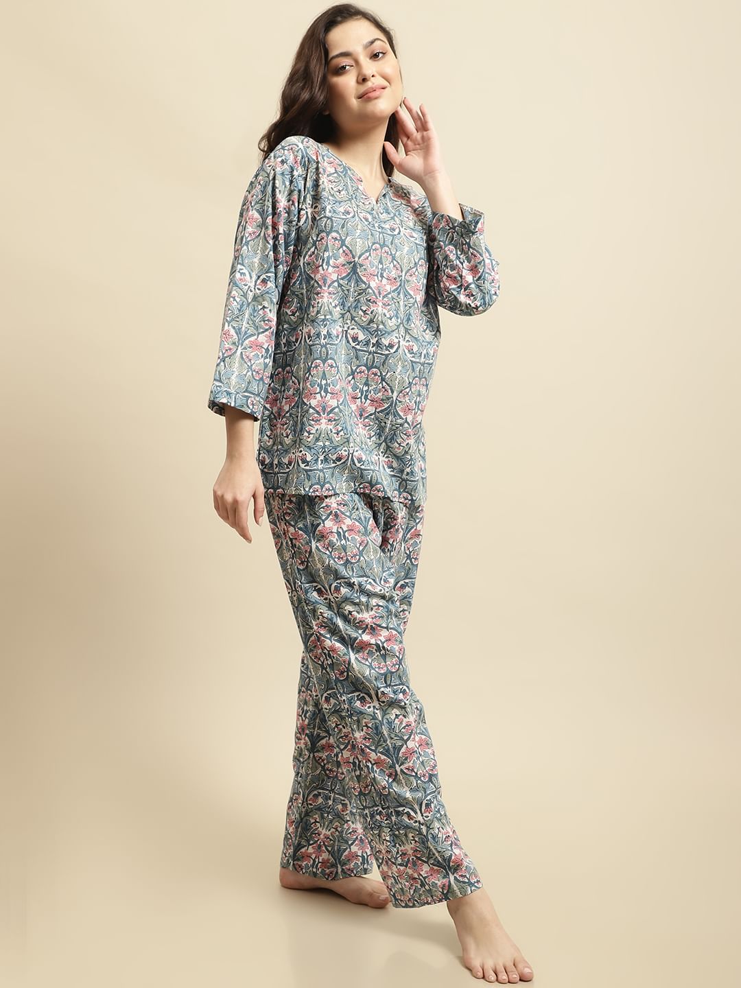 Blue Sanganeri Block Print Co-ord Night Suit